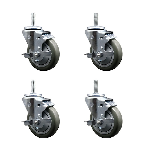 4 Inch Gray Polyurethane Wheel Swivel 58 Inch Threaded Stem Caster Set with Brake SCC